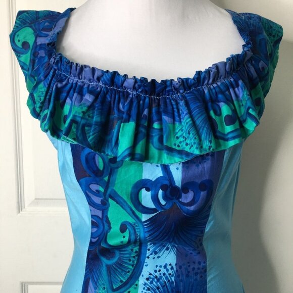 An Original Hawaiian Togs Maxi Dress Size Small Blue Ruffled Cotton Vintage - Picture 3 of 16